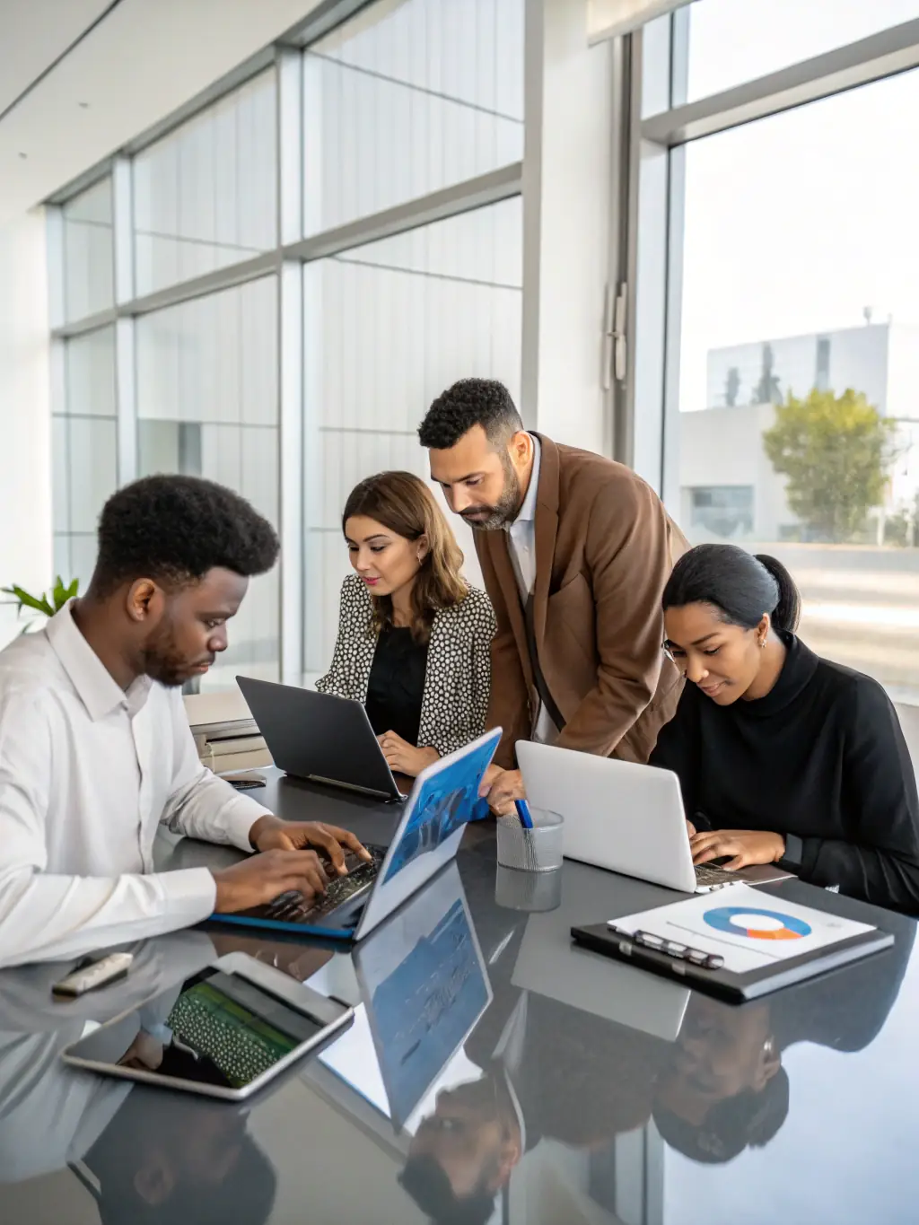 A high-quality photo of a diverse team of web designers collaborating on a website layout, showcasing creativity and teamwork in a modern office setting, emphasizing Luna Media Solution's collaborative approach.