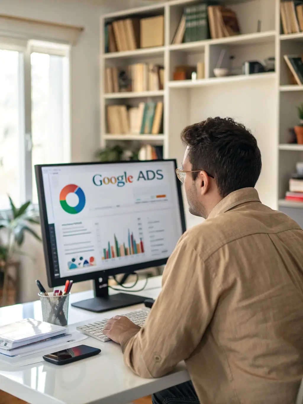 A focused image of a digital marketing specialist analyzing Google Ads campaign performance metrics on a dashboard, showcasing data-driven decision-making.