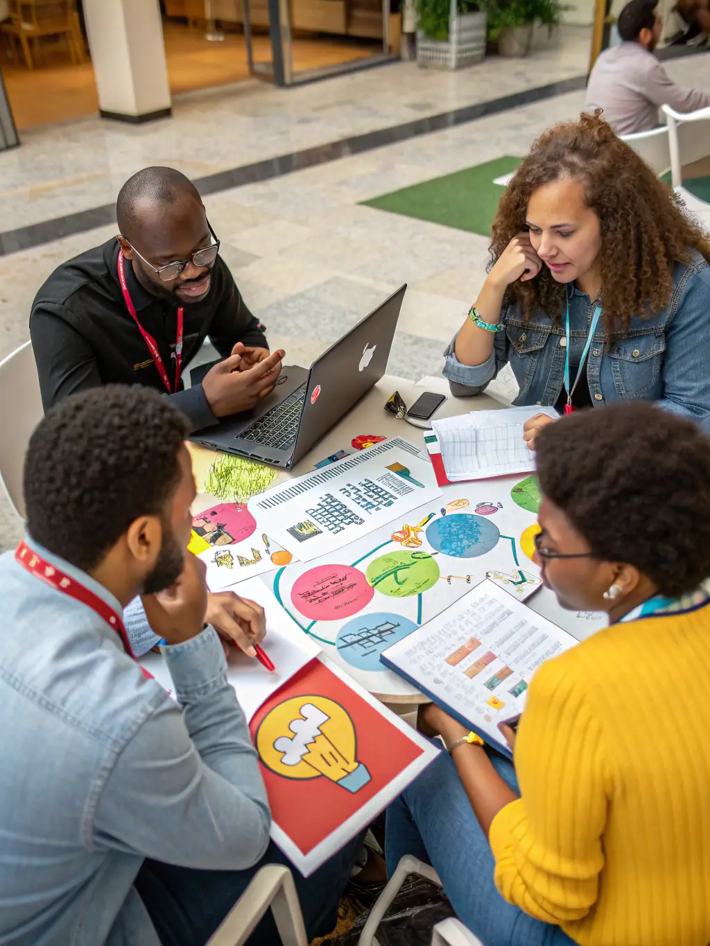 A diverse group of people collaborating around a table, brainstorming marketing strategies for Luna Media Solutions, emphasizing teamwork and innovation.