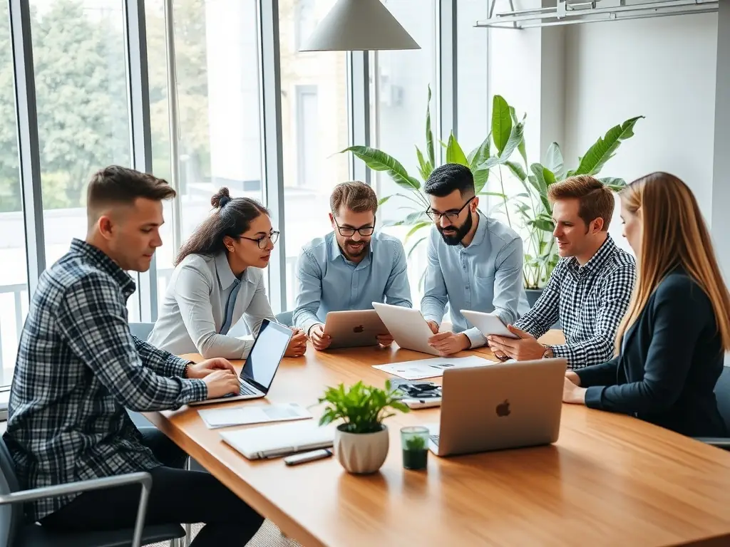 A photograph of a diverse team of marketing professionals collaborating around a table, analyzing local SEO data on laptops and whiteboards, in a modern office setting, representing Luna Media Solutions' collaborative approach to local SEO.