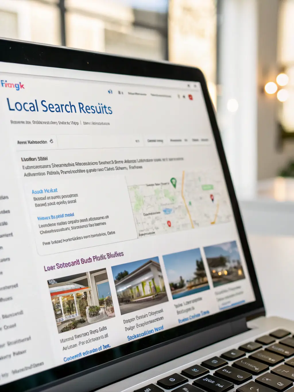 An image showing a map with a highlighted business location and search results for local queries, representing Luna Media Solutions' Local SEO Optimization service.