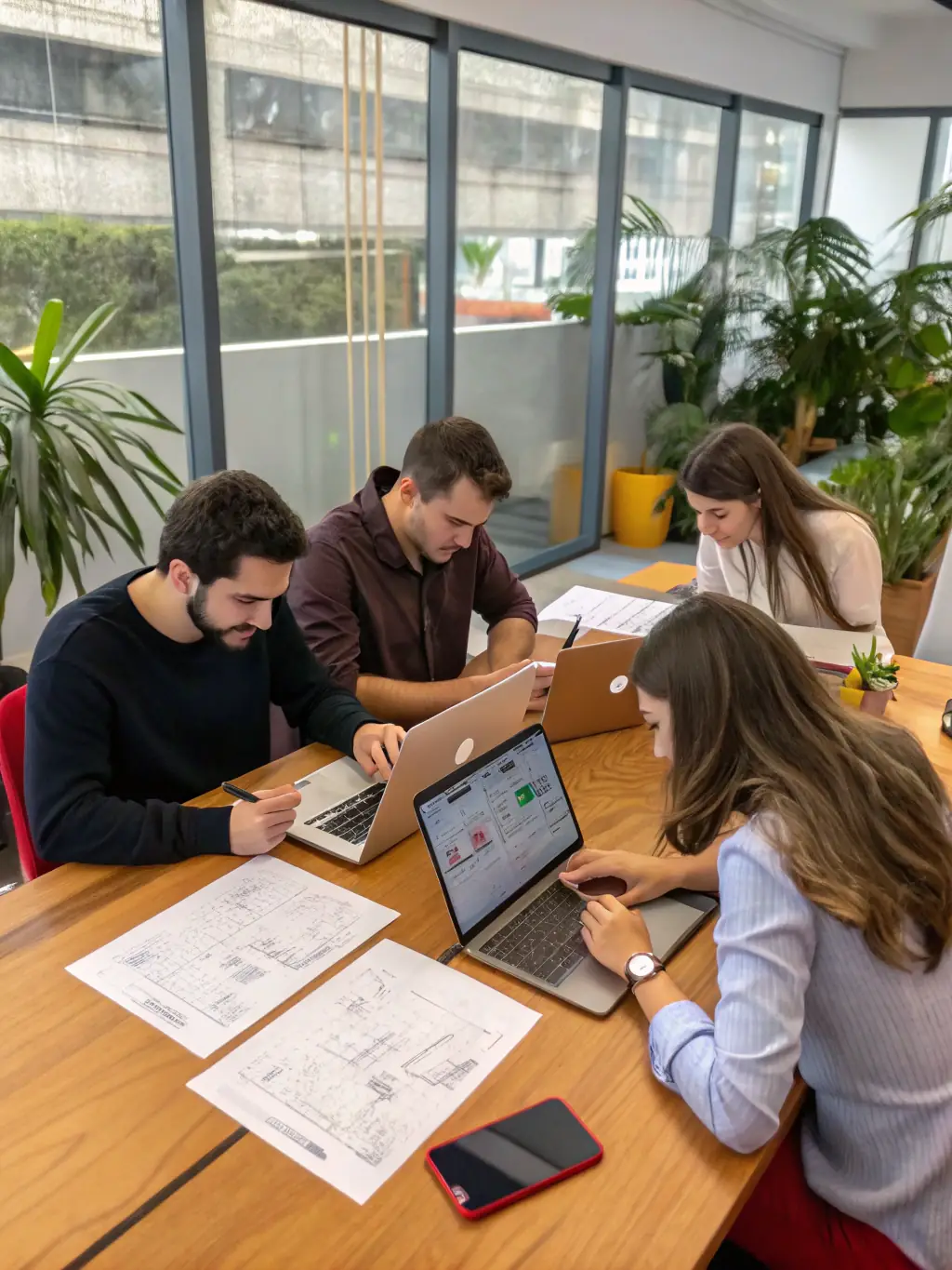 A diverse group of people brainstorming around a table, with laptops displaying Google Ads interfaces, symbolizing collaborative campaign strategy development.