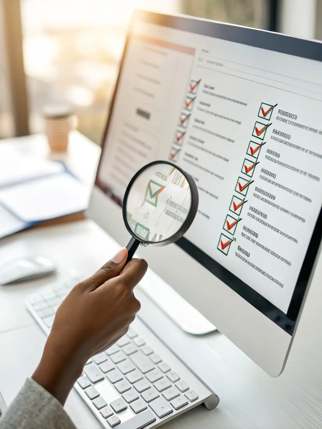 A magnifying glass focusing on a specific keyword within a Google Ads interface, illustrating precise keyword targeting and relevance.